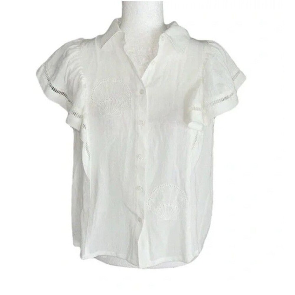NWT Calypso St. Barth White Embroidered Seashell Flutter Ruffle Sleeve Blouse M